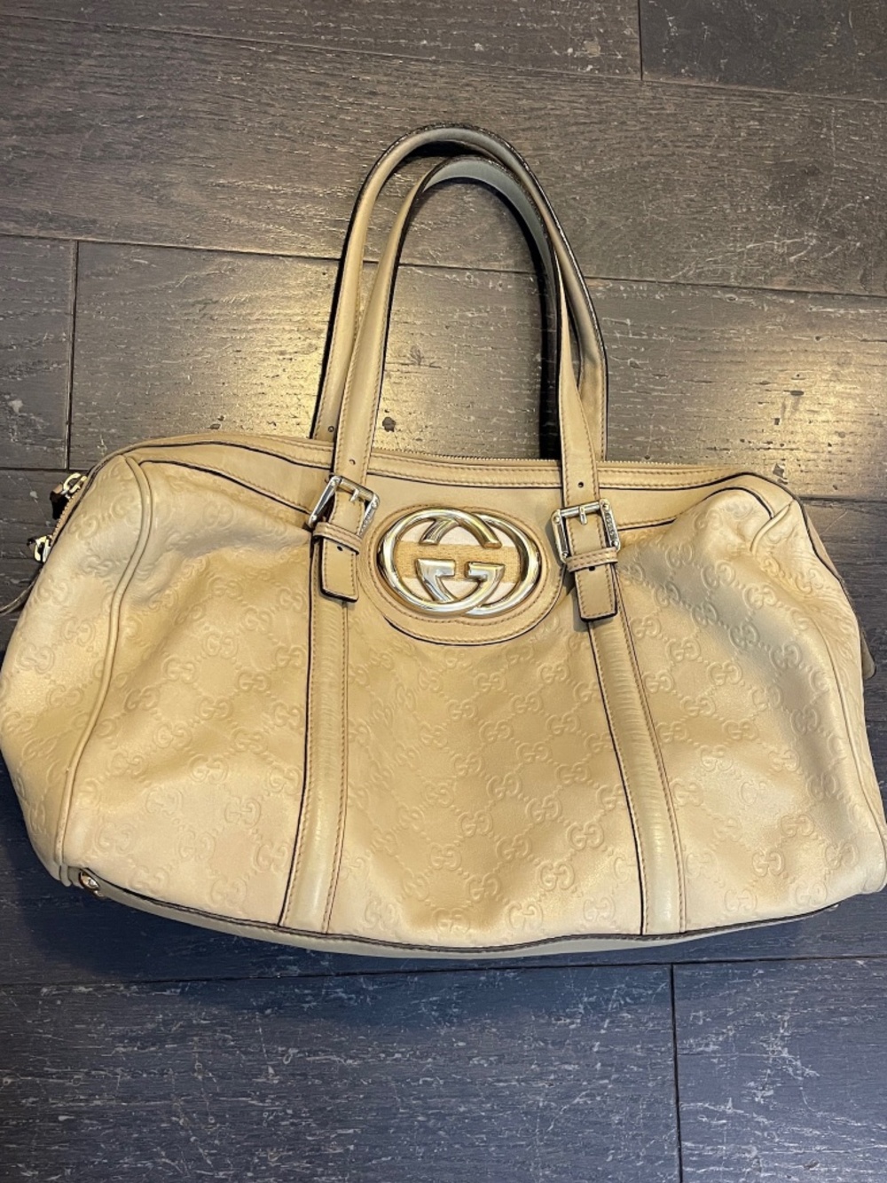 GUCCI GG Guccissima Britt Boston Bag Beige Leather Shoulder Handbag Satchel